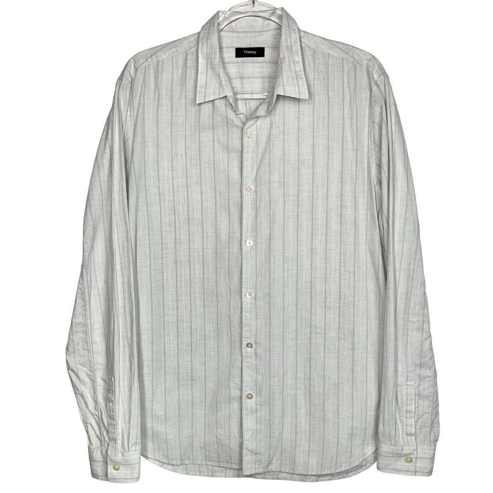 Theory White Gray Button Up Long Sleeve Shirt Large